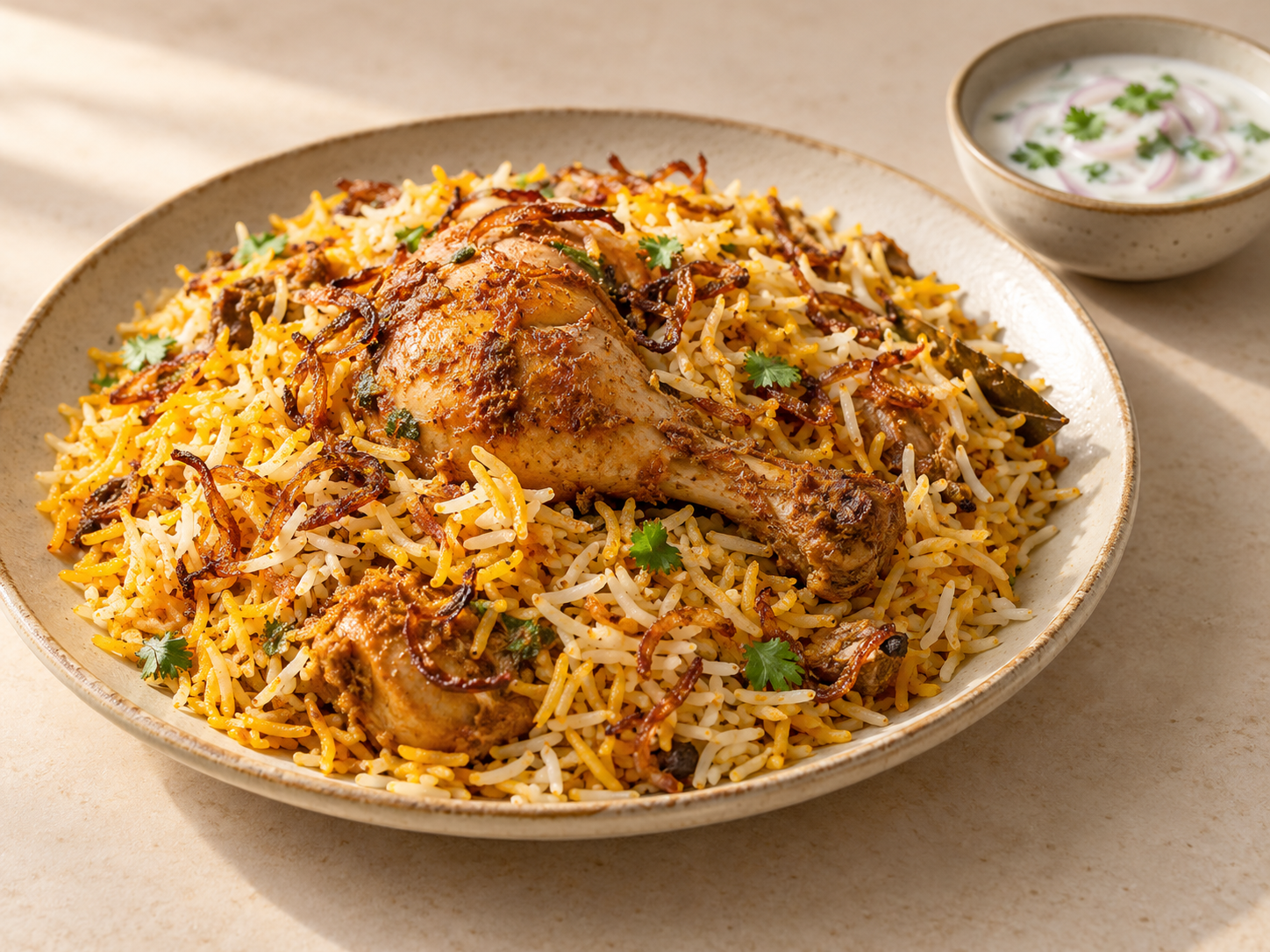 Chicken biryani with fragrant golden rice and raita