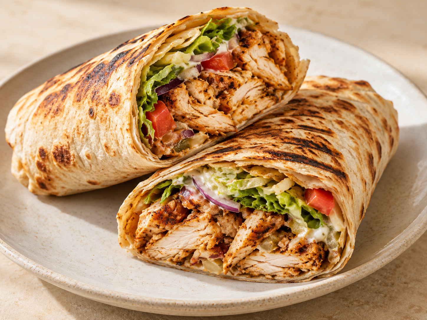 Grilled chicken shawarma on a ceramic plate