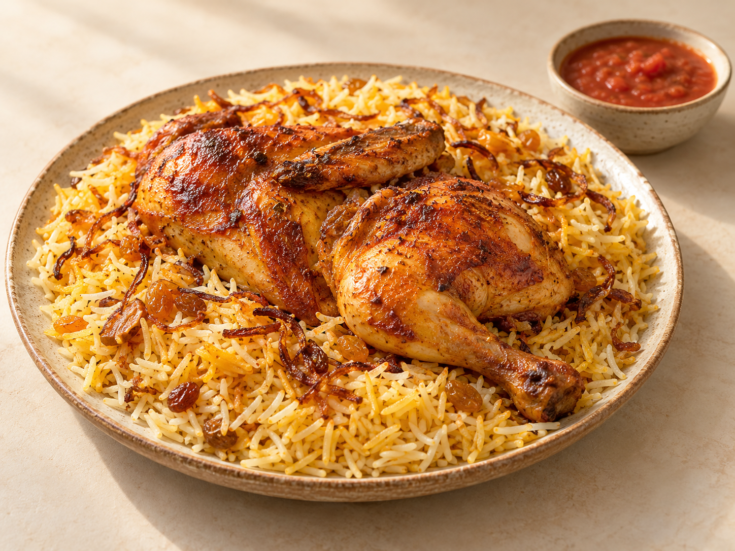 Roasted chicken mandi served over fragrant rice