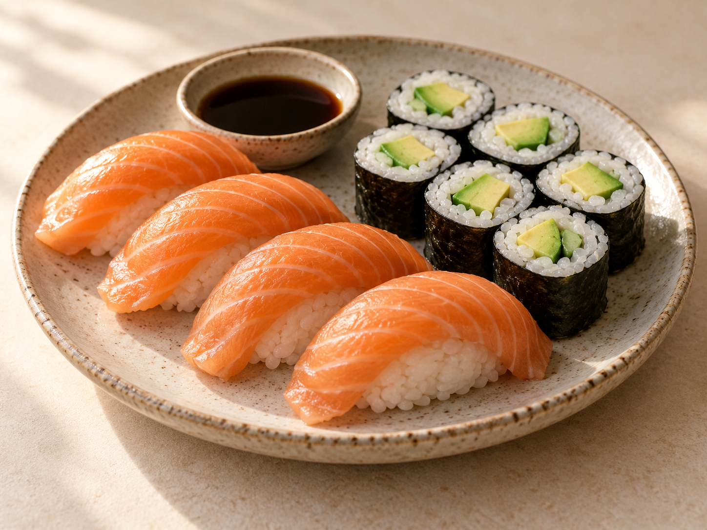 Salmon nigiri and avocado maki arranged on a ceramic plate